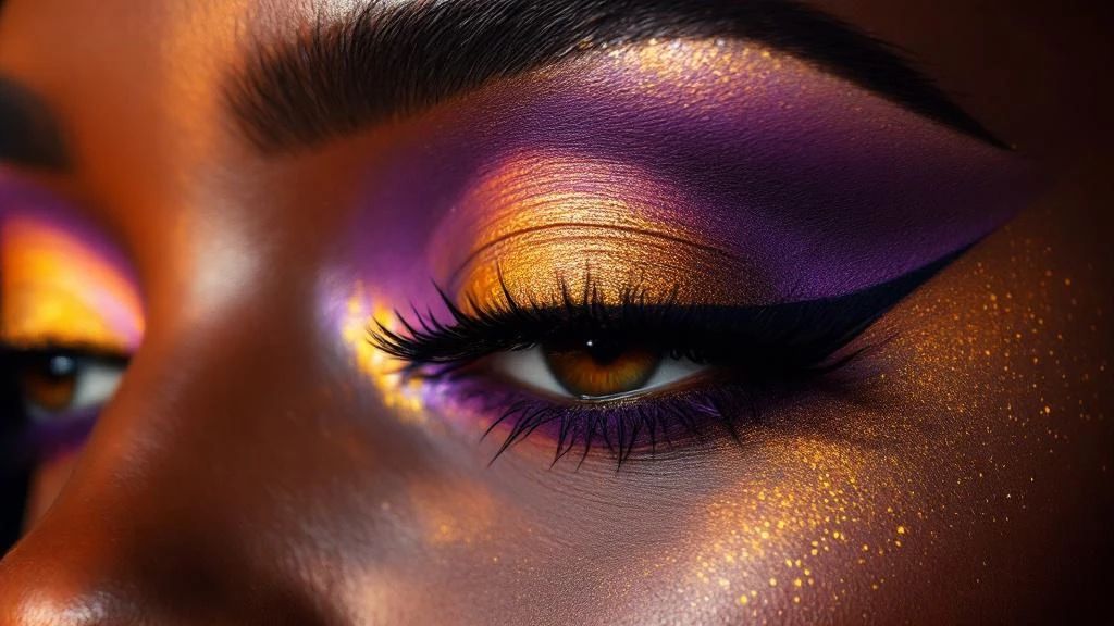 Close up vibrant eye makeup on deep skin tone