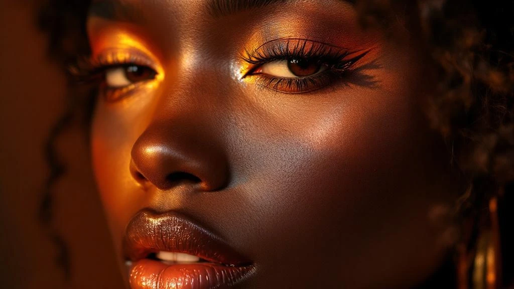 Finished vibrant makeup look on deep skin tone